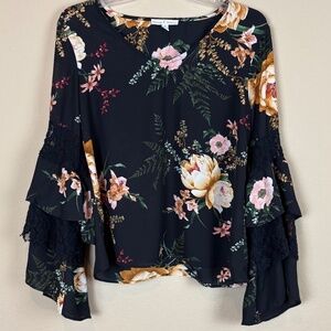 Moa Moa Black Sheer Floral Tiered/Ruffled/Lace Long Sleeve Blouse; V-Neck